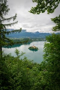 Blick von Aussichtspunkt auf Insel im Bleder See