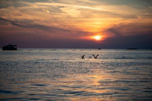 Blick auf Adria in Rovinj bei untergehender Sonne