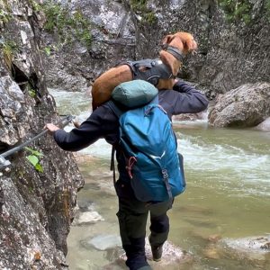 Philipp mit Milo bei Wasserdurchquerung in Garnitzenklamm